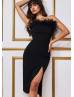 Strapless Black Feather Jersey Midi Party Dress